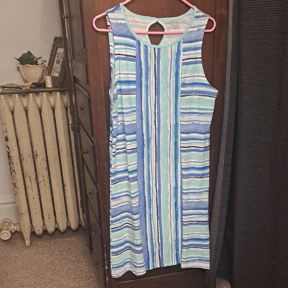 Escape By Habitat Size Med 100% Cotton Blue Striped Sleeveless Beachy Dress
